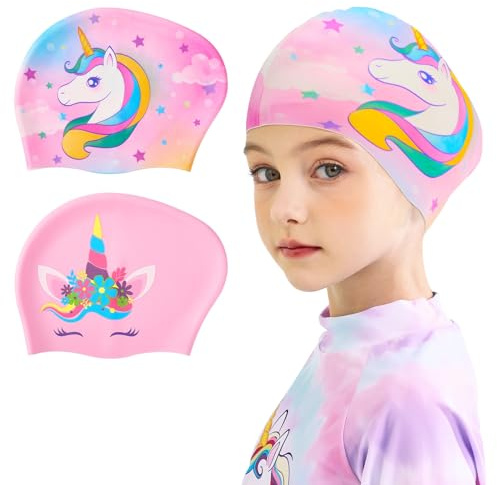 Lot de 2 Bonnets de Bain pour Enfants Licorne Bonnet de Natation Imperméable Bonnets de Bain en Silicone pour Cheveux Longs et Courts pour Garçons Filles