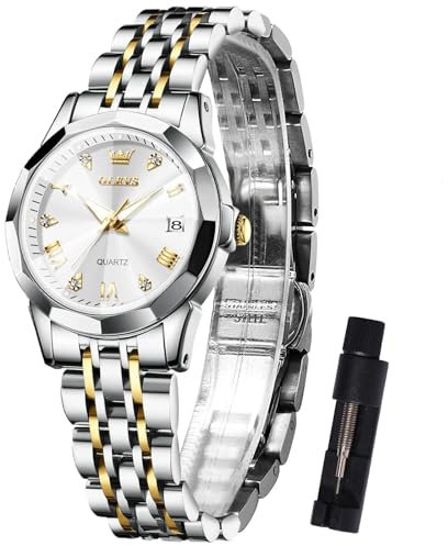OLEVS Silber Gold Armbanduhren Damen Edelstahl Eleagnt Metallarmband Damenuhren Bicolor klein Wasserdicht Womens Watch Weiß Zifferblatt Moderne Analog Kleid Uhr für Frauen mit Datum