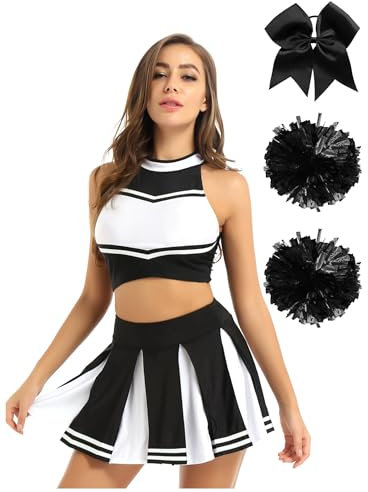 Alvivi 4tlg.Damen Cheer Leader Kostüm Cheerleading Uniform Crop Tops + Rock + Pompoms + Haarband Halloween Karneval Fasching Kostüm Schwarz L