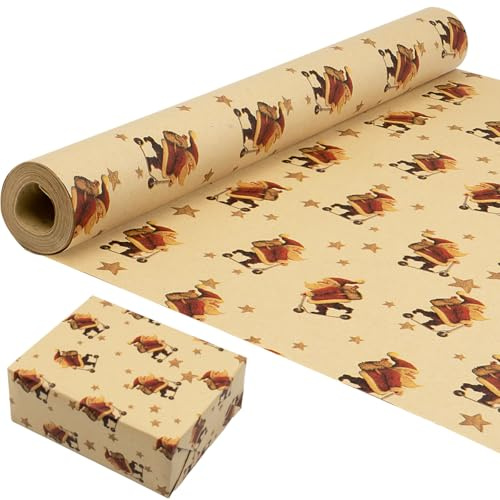Rollo de papel de regalo navideño para regalos - Papel de regalo Kraft Divertido Papá Noel 43 cm x 15 m Papel de regalo Kraft reciclable