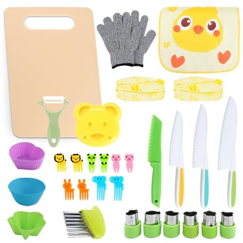 31 Pezzi Coltelli per Bambini Set, Set Cucina Bambini Sicurezza Set Coltelli Bambini con Tagliere, Coltello Ondulato, Pelatrici, Guanti, Grembiule, Tazza per Torta, Forchetta da Frutta, Ecc