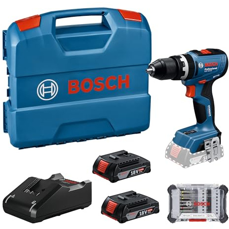 Bosch Professional 18V System Trapano-avvitatore a batteria GSB 18V-65 (incl. 2 batterie GBA 2.0Ah, caricabatteria GAL 18V-40, 1 set avvitatori CA, L-Case)