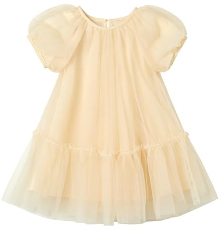 Ugitopi - Abito in tulle per ragazze con fodera in cotone - Elegante abito da festa A-line con maniche a palloncino, gonna a strati multiplo e comfort per bambine attive, champagne, 2 Anni