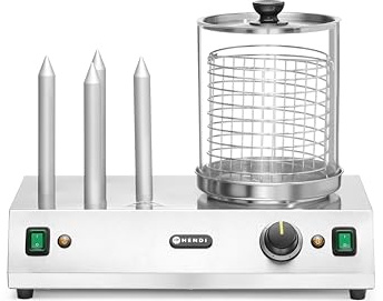HENDI Machine à hot-dogs et saucisses, appareil chauffe-hot-dogs électrique 20-95 °C avec cylindre en verre et 4 pics chauffants pour petits pains, 550 W, 500x310x(H)395 mm, acier inoxydable