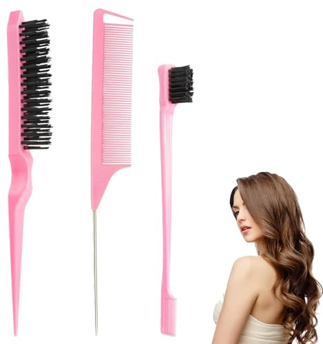 3 Pcs Slick Back Brush Set, Rat Tail Comb, Bristle Hair Brush Teasing Comb Dual-Sided Edge Controller for Women Home Salon Hairdresser Travel Detangling Tools