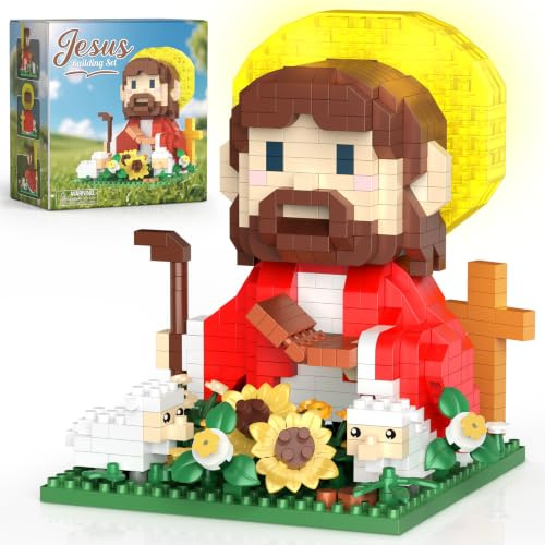 Jesus e agnello, set di mattoncini da costruzione con girasole, pecore e lampada Aura, decorazione per la casa, regalo creativo per adolescenti adulti (689 pezzi)