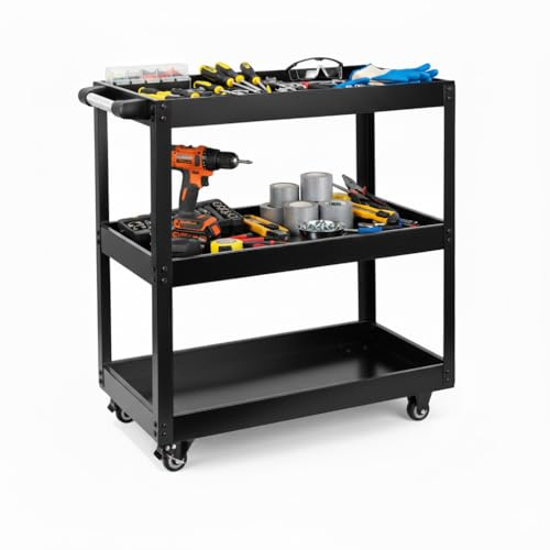 Denny 3-Tier Tool Trolley on Wheels – Lockable Rolling Tool Storage Cart with Handle, Heavy-Duty Garage & Workshop Organizer for DIY and Service Tools (Black)