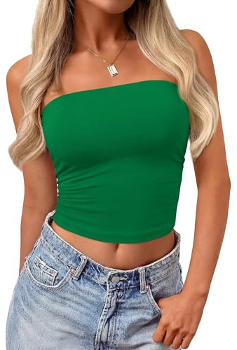 PRETTYGARDEN Women Tube Tops Strapless Going Out Crop Top 2026 Spring Fashion Y2K Summer Bandeau Shirt Beach Vacation Clothes (Green,X-Small)
