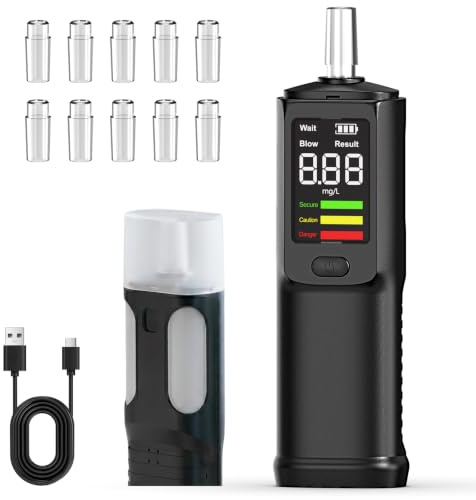 Effix Breathalyser, Rechargeable Digital Alcohol Tester with LED Display | Professional‑grade, home & party self‑testing, 11 replaceable mouthpieces, portable personal breath testing device