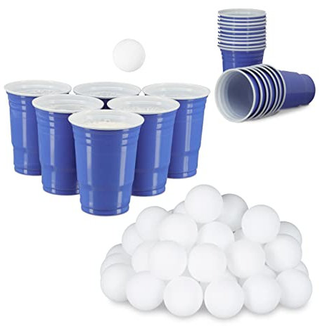 Relaxdays 98 TLG. Beer Pong Set, 48 Bälle 38 mm und 50 Getränkebecher, Party Cups 473 ml, 16 oz, Trinkspiel, weiß und blau