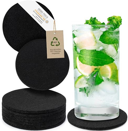 MIQIO® Design - Dessous de Verres - Feutre - pour 10 Personnes - Lavable (Noir)