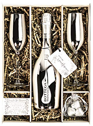 Bottega White Gold Sparkling Wine 75cl Gift Set Hamper With 2 Metallic Silver Champagne Flutes, Chocolates and Gift Box - Birthday, Congratulations Gift, For Women and Men (Metallic Tops)