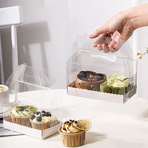 DZOZO 10Pcs Cake Roll Boxes Clear Swiss Cake Carrier Container Cupcake Packing Box Hot Dog Muffin Sanwich Plastic Container with Handle Transparent Bakery Storage Holder Dessert Holder
