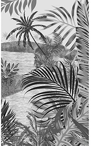 Papier Peint Intissé Noir et Gris Foncé, Rivière et Forêt Tropicale, Décoration Murale Intérieure, 250 cm X 150 cm.