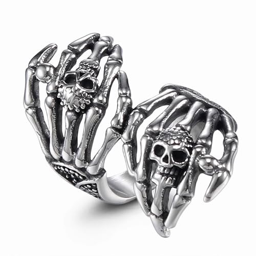 Dishowme Anello con testa di teschio Anello con nocca in osso della mano di scheletro Punk Fantasma Artiglio con dito Gioielli per donne Uomini Ragazze Festa di Halloween