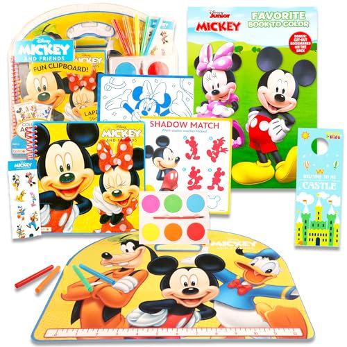 Disney Bureau d'activités de voyage Mickey Mouse – Ensemble d'art Mickey en voiture et en avion avec ordinateur portable, livre de coloriage, autocollants, activités artisanales