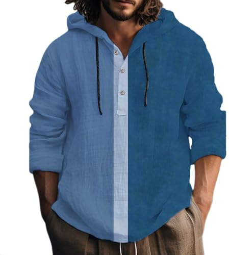 Leinenhemd Herren Color Block Hoodie Einfarbig Hoody Oberteile Knopfleiste Langarm Hemd mit Kapuze Modische Langarmshirt Color Block Hoodie Dünn Hawaii Hemd Leichte Sommerhemd Freizeithemden