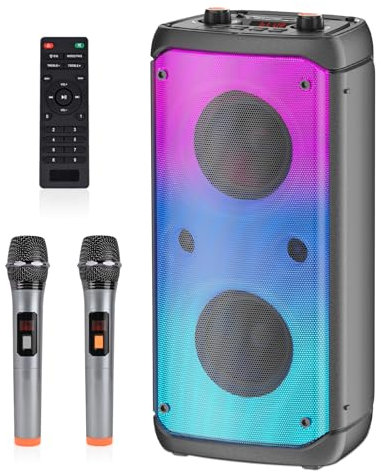 TAMPROAD Machine de karaoké avec 2 microphones sans fil, machine de karaoké portable pour adultes et enfants, système de sonorisation avec lumières LED, haut-parleur Bluetooth karaoké prend en charge