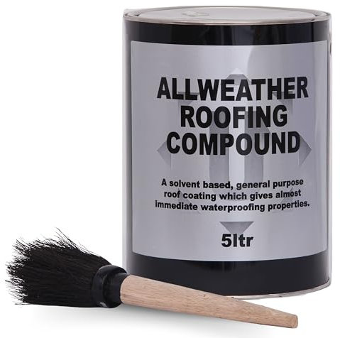 Flat Roof Waterproofing Compound 5L with Application Brush – Quality Flat Roof Sealant Paint - House and Shed Roofing Repair and WaterProof Coating DIY - for Bitumen, Asphalt, Felt, Concrete, Metal