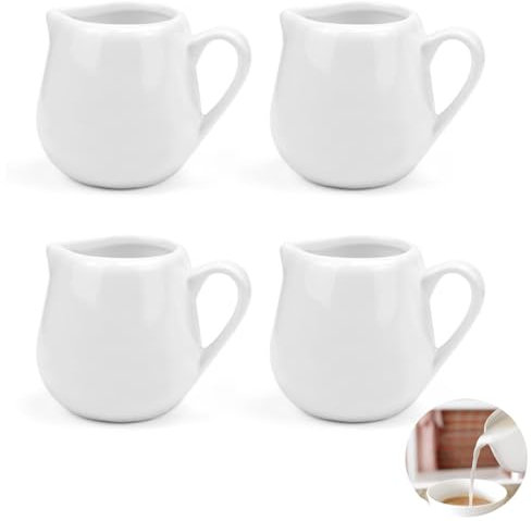 4 bricco per panna in ceramica, piccola porcellana bianca, mini brocca per latte in ceramica, con manico, 50 ml, mini brocca per salsa, insalata, caffè, miele, bianco