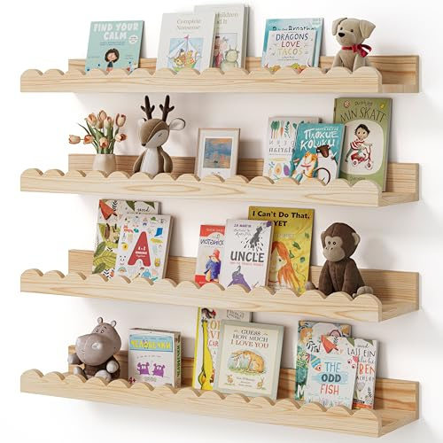 Shario Nursery Book Shelves, 4-Pack Wood Floating Shelves for Wall Kids, Scalloped Shelves, Wall Book Shelves for Bedroom Kids, Toddler Room, Baby Room, Nursery Decor (Wood, 23 Inches)
