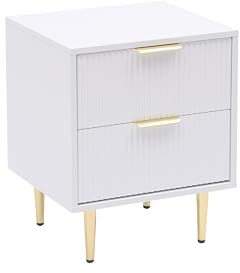 MMT - Mesita de noche con cajón acanalado acanalado, 2 cajones, armario de dormitorio blanco o negro, patas doradas, cómoda de 42 cm de ancho, mesitas de noche formales (blanco)