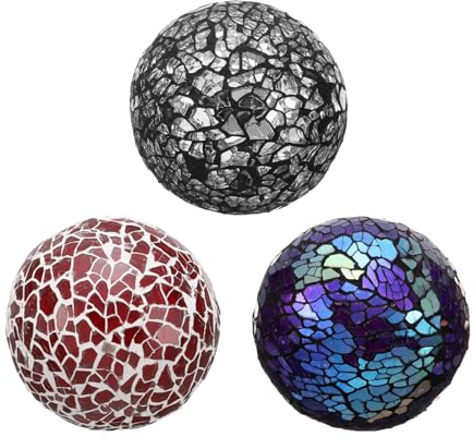 QUARKZMAN 3 stycken dekorativa glaskulor, 6 cm (2,36 tum) orbs mittstycke kulor, mosaik, glasboll för dekoration, skålar, vaser, matbord fest, silver svart, röd, lila
