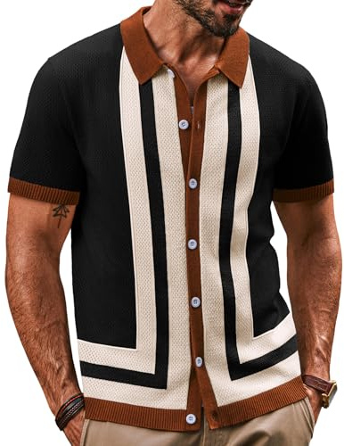 PJ PAUL JONES Knitted Shirts for Men Retro Mens Short Sleeve Button Down Shirts Knitted 50s Polo Shirts for Spring Summer Fall Black L