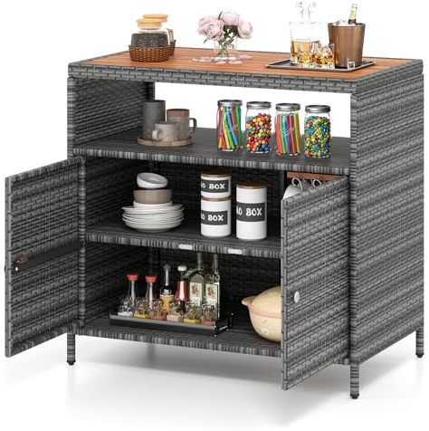 COSTWAY Armoire de Rangement Exterieur en Rotin, Armoire de Jardin avec Plateau en Bois d'Acacia Compartiment Ouvert Buffet à 2 Portes, Organisateur de Rangement pour Piscine Terrasse (Gris)