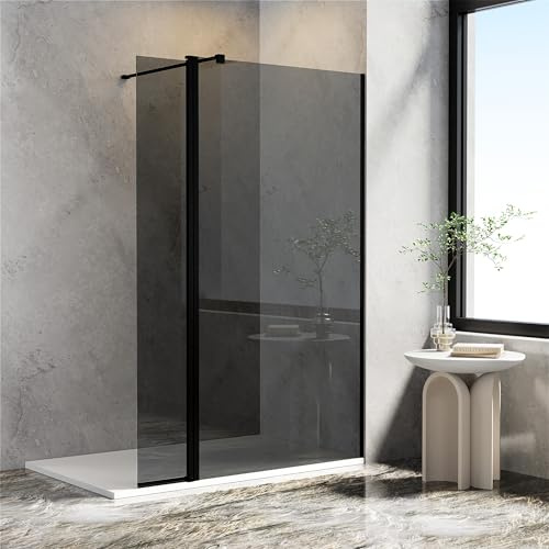 AQUARA 1000mm Shower Screens with 300mm Return Panel, with 8mm Easy Clean Grey Toughened Glass, Black Wet Room Shower Enclosure, Support Bar Includes