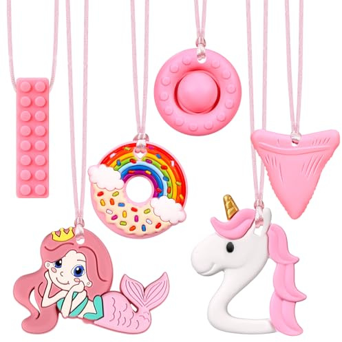 Mexgcom Collar Mordedor de NiñOs Autistas, 6 Piezas Collar De MasticacióN, Material Para Bebé Silicona Para NiñOs con TDAH, DenticióN, Mordedura (Rosa)