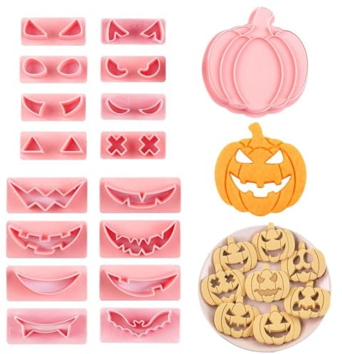 17Pcs Halloween Pumpkin Cookie Cutters Set, 3D Plastic Halloween Cookie Cutters DIY Pressable Pumpkin Face Biscuit Cutter, Fondant Moulds for Biscuits Cookies Cake Decorating, Baking Accessories
