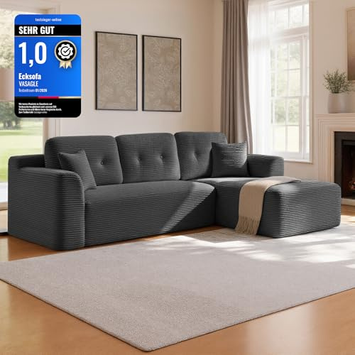 VASAGLE Ecksofa, modulares Sofa 244 cm breit, vakuumverpackt, Schlafsofa, Keine Montage erforderlich, mit großer Chaiselongue rechts, für Wohnzimmer, Gästezimmer, schiefergrau LCS184GN01