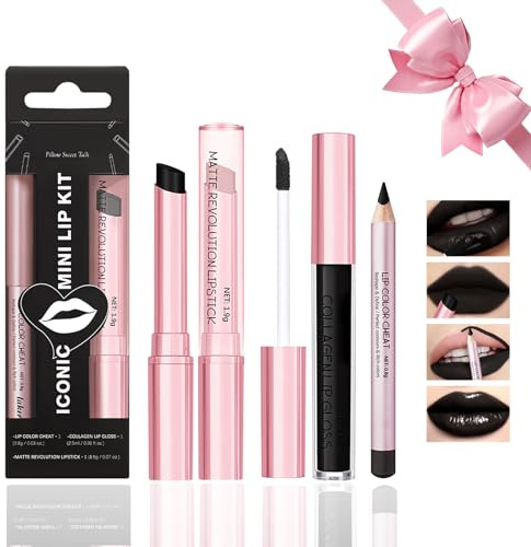 Desing Wish 3 Piezas Negro Pintalabios Permanente Perfilador Labios Brillo Barra de Labios Labiales Mate Azul Larga Duracion Labial Delineador Labios Lip Tint Lip Liner Regalo Mujer Maquillaje Kit