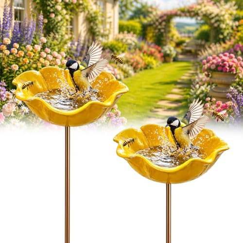 Abreuvoir Oiseaux Exterieur sur Pied, Bain Oiseaux Exterieur en Métal, 2 en 1 Mangeoire et Baignoire Oiseaux, Fontaine à Oiseaux Forme Fleur pour Décoration Jardin-Hauteur 60CM (2 * Dark Yellow)