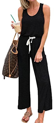 PRETTYGARDEN One Piece Jumpsuits for Women 2025 Summer Casual Drawstring Sleeveless Tank Romper Beach Vacation Outfits (A-black,Medium)