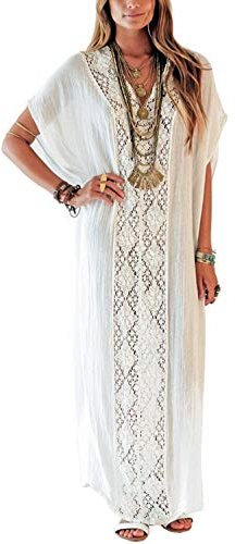 YouKD lång kaftan för kvinnor, maxi, bohemisk klänning för stranden, täckande, roomy, kimono, en storlek, loungewear, Vit 2, One Size Stor