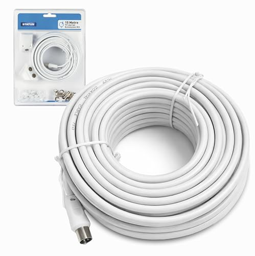 Status 15m TV Aerial Extension Kit, Complete Coaxial Cable Set with Splitter, Surface Socket & Clips for Signal Distribution, For Home Installations, White (S15MTVAEKX12)