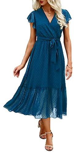 BTFBM Women Summer Bohemian Floral Casual Wrap V Neck Ruffle Cap Sleeveless Belt A-Line Pleated Hem Swing Midi Sun Dress (Swiss Dot Lake Blue, l)