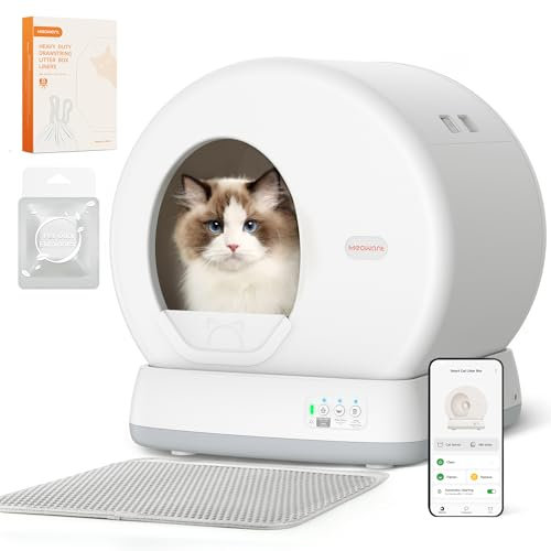 MeoWant Self Cleaning Cat Litter Tray, Integrated Safety Protection Automatic Cat Litter Tray for Multiple Cats, Extra Large/Odor Removal/APP Control Smart Robot Tray with Mat & Liner