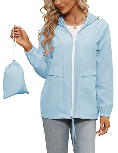 Tisfeer Regenjacke Damen Dünn Leicht Wasserdicht Windjacke Laufjacke Wandern Reisen Fahrrad Regenmantel(Hellblau,XL)