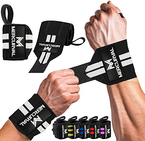 MERCURYAL Pack de 2 Muñequeras Gym y Crossfit Ajustables Unisex | Algodón elástico con doble costura y lazo de pulgar. Press Banca, Press Militar, Crossfit y Halterofilia. 48 cm. Talla única.