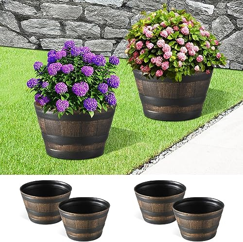 YI 4 Pack Whiskey Barrel Garden Planters 13” Rustic Oak Resin Planter for Indoor & Outdoor Plant Flower Pot