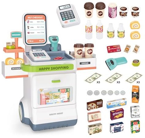 RedCrab Supermarkt Kasse Spielzeug, Kasse Kaufladen Kinder mit Spielgeld, Kreditkarte, Rechner, Lebensmittel Spielet und Mobiler Wagen - Rollenspiel Geschenk für Jungen Mädchen