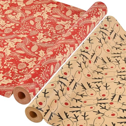 AhfuLife 2 Rolls Christmas Wrapping Paper, 43cm x 15M Large Xmas Wrapping Paper Rolls Recyclable Kraft Paper for Boxes Wrap Birthday Festival Party Decorations (Elk/Pinecone & Fir)