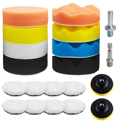 FINEASY Set di 20 Lucidatura Auto, 80mm Tamponi Lucidatura Auto con Spugne Lucidanti, Cuscinetti per Ceretta in Lana e Adattatore per Trapano per Lucidare, Ceretta, Auto Bellezza Pulizia