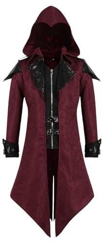 LLTTEER Veste steampunk médiévale avec capuche, manteau gothique, manteau médiéval, costume d'Halloween, vêtements de renaissance, veste de frack vintage (Rouge, XXL)