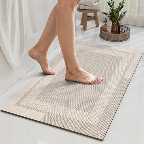 YDKGL Non Slip Bath Mat, Rubber Backing Ultra Thin Bathroom Rugs Fit Under Door Quick Dry Super Absorbent Washable Bath Rug Shower Mat for Bathroom Floor Bathtub Shower Sink, Easy Care Beige 16x 24