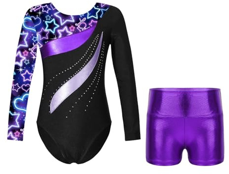 XHYDDLKJ Gymnastikdräkt för barn, långärmad balett, danskläder, barn, gymnastik, tröjor, overall med shorts, dancewear, set för flickor, yoga, enhet (neonsvart, 8)