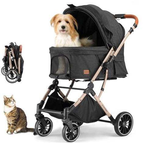 EchoSmile Small Medium Dogs Stroller 4-Wheel Pet Strollers for Medium Dogs Up to 50lbs, One Click Folding Large Cat Stroller, Reversible Handle, Shock Absorbing Wheels, Removable Washable Pad